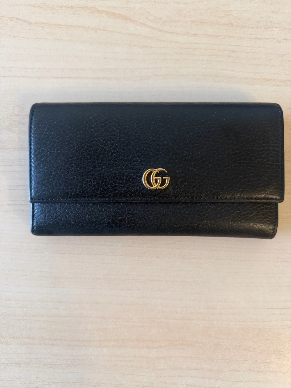 Gucci Black Leather GG Continental Wallet with Gold Logo